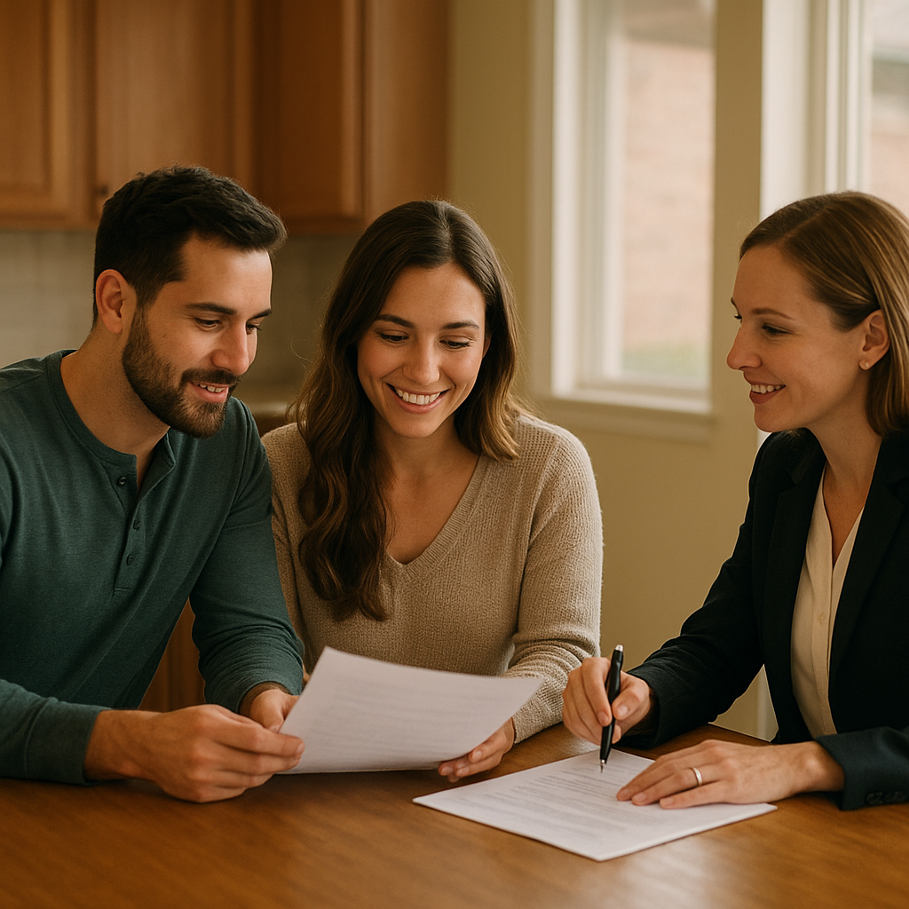 Couple reviewing FHA mortgage paperwork with a realtor in an Arlington Texas home