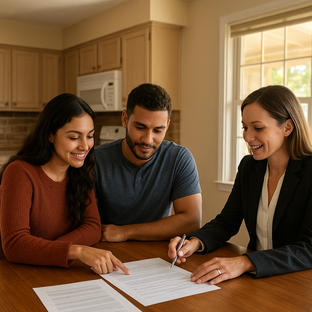 Dallas TX homebuyers reviewing FHA loan paperwork with a realtor at kitchen table
