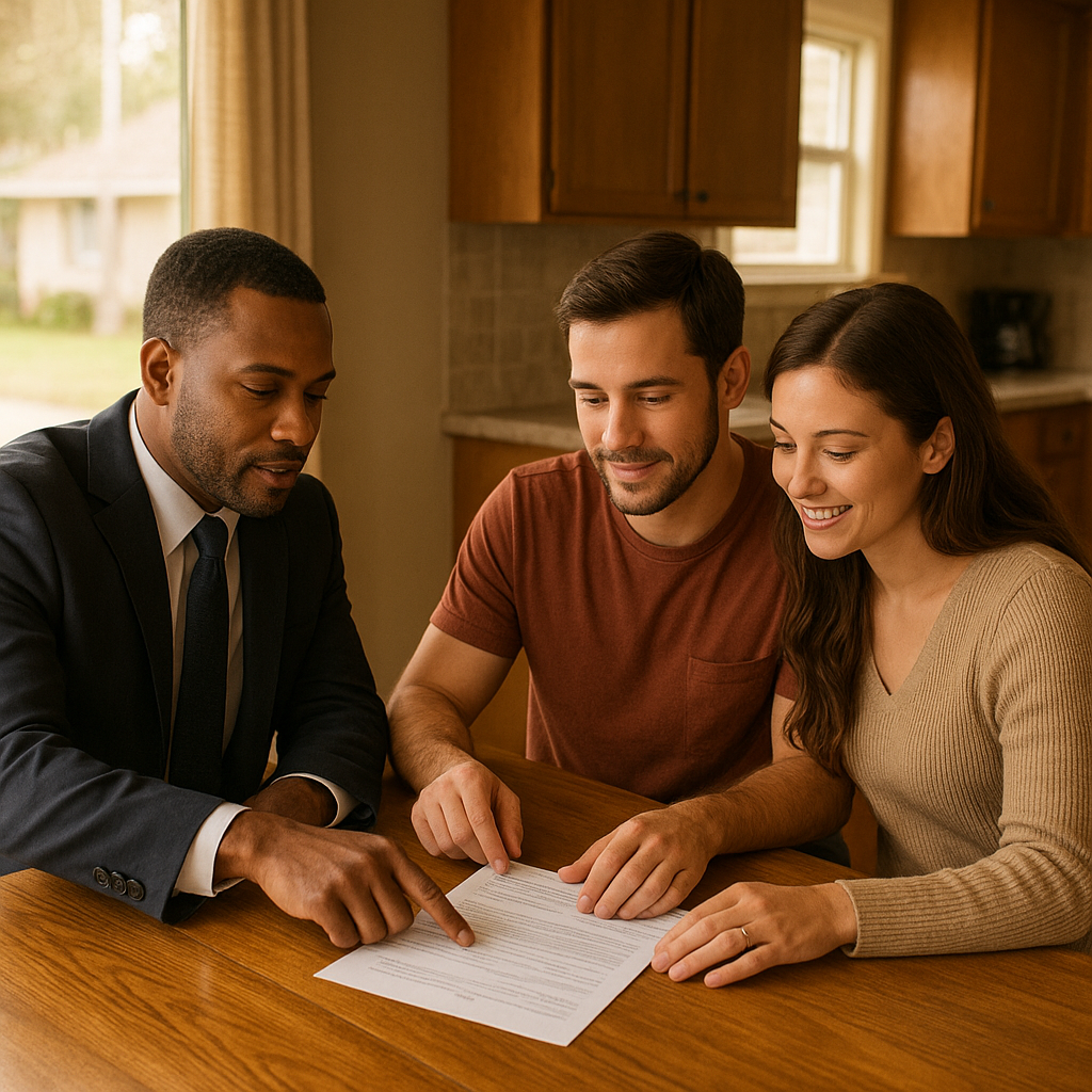 Couple reviewing FHA loan documents with mortgage officer in Denton TX home