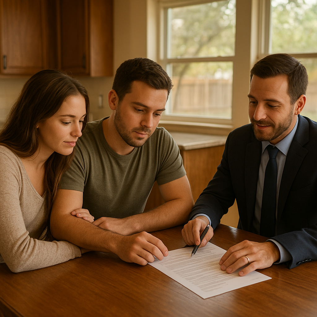 Couple reviewing FHA mortgage paperwork with a realtor in Flower Mound Texas