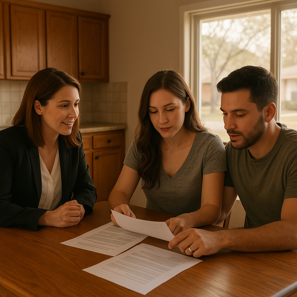 Couple reviewing FHA loan documents with mortgage officer in Forney TX home