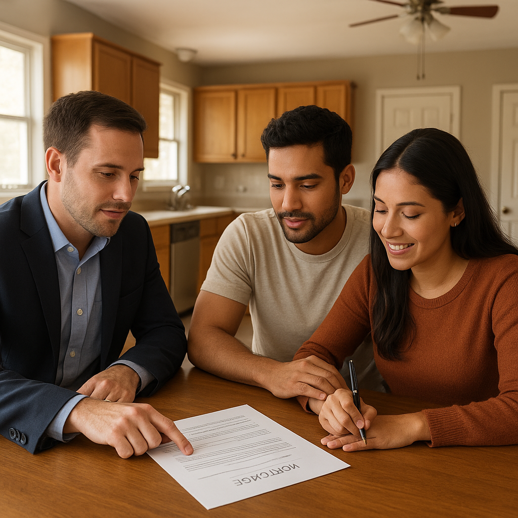 Couple reviewing FHA loan documents with mortgage officer in Fort Worth TX home