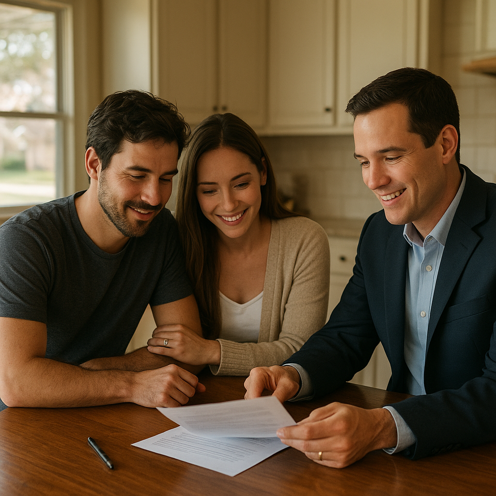 Couple reviewing FHA mortgage paperwork with a realtor in a Frisco Texas home