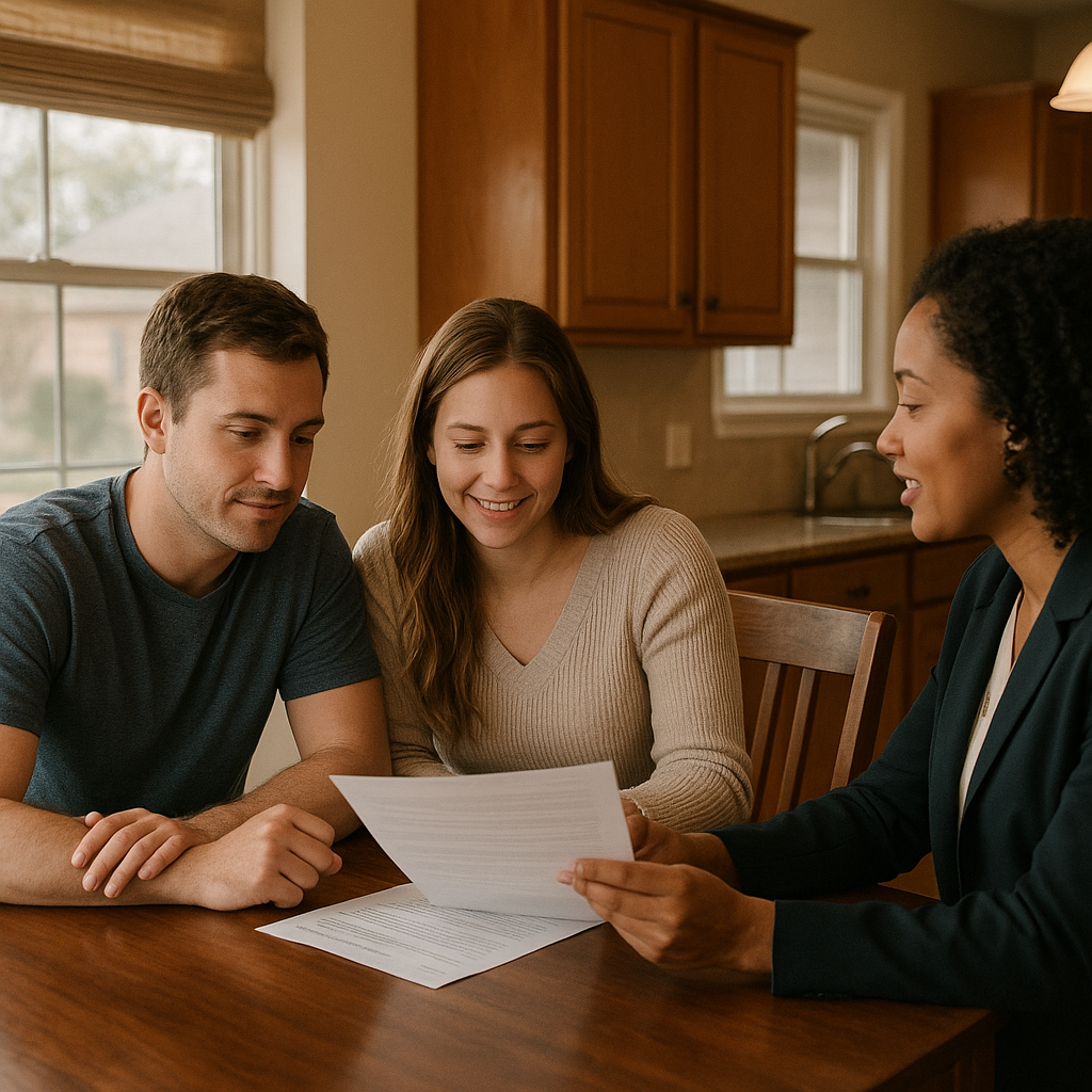 Couple reviewing FHA mortgage paperwork with a realtor in a Garland Texas home