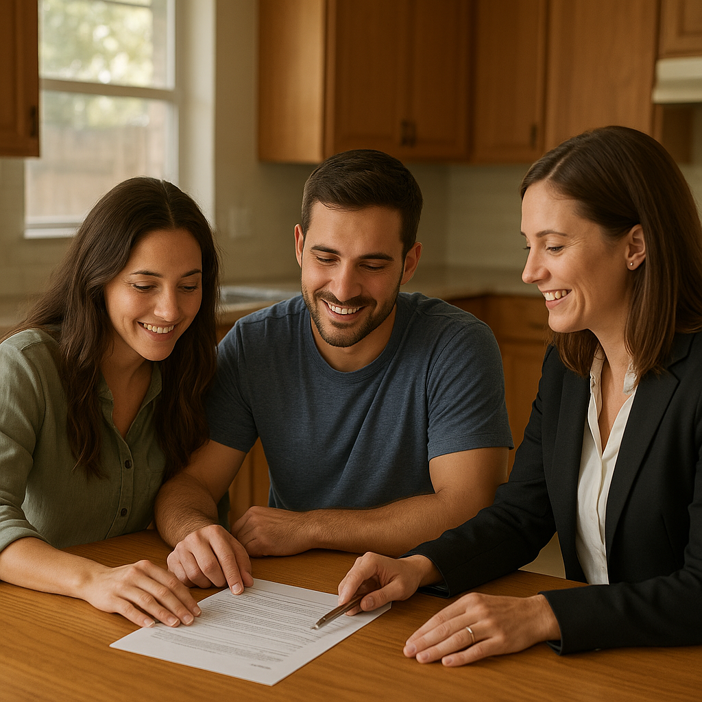 Couple reviewing FHA mortgage paperwork with a realtor in Grapevine Texas