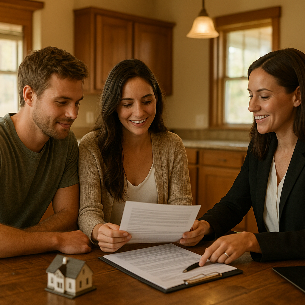 Young couple reviewing FHA loan documents with realtor at kitchen table in Irving TX