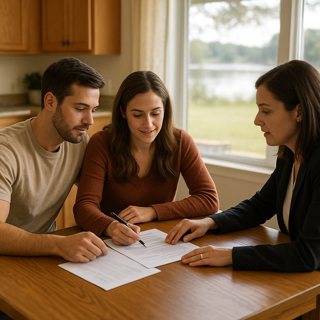 Young couple reviewing FHA loan documents with realtor at kitchen table near Lake Lewisville TX