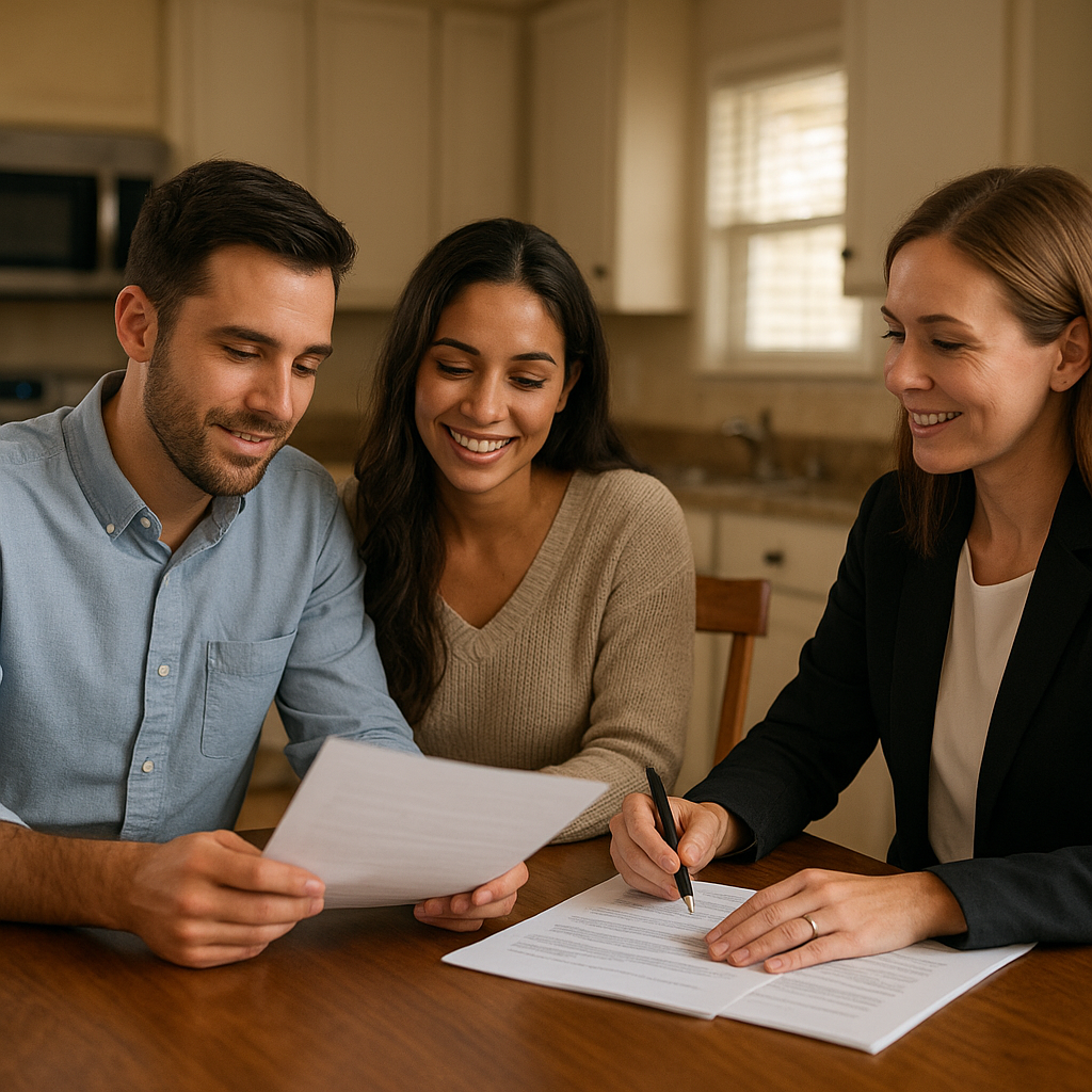 Young couple reviewing FHA loan documents with realtor at kitchen table in Texas home