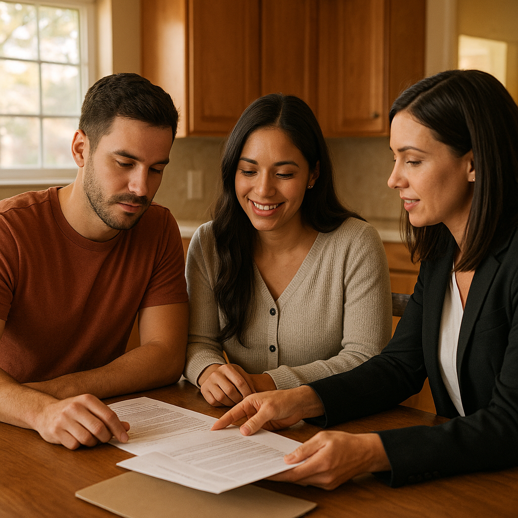 Couple reviewing FHA mortgage paperwork with a realtor in a Mansfield Texas home