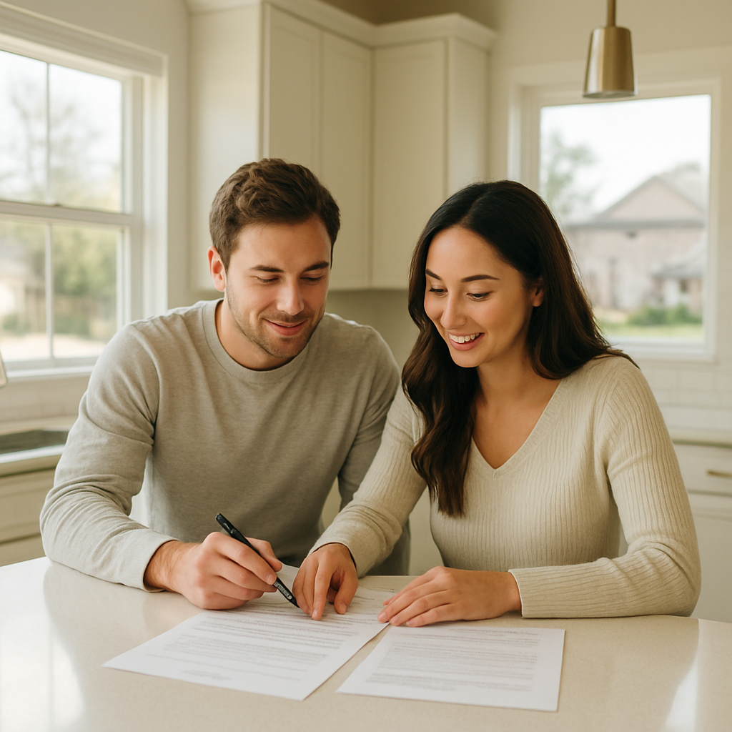 Couple reviewing FHA mortgage paperwork in a McKinney Texas home