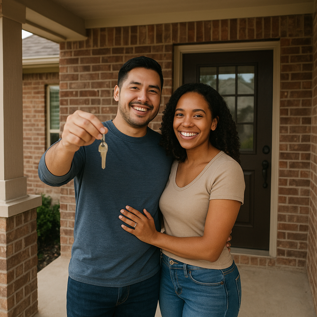 First-time homebuyers with keys outside a Mesquite Texas home
