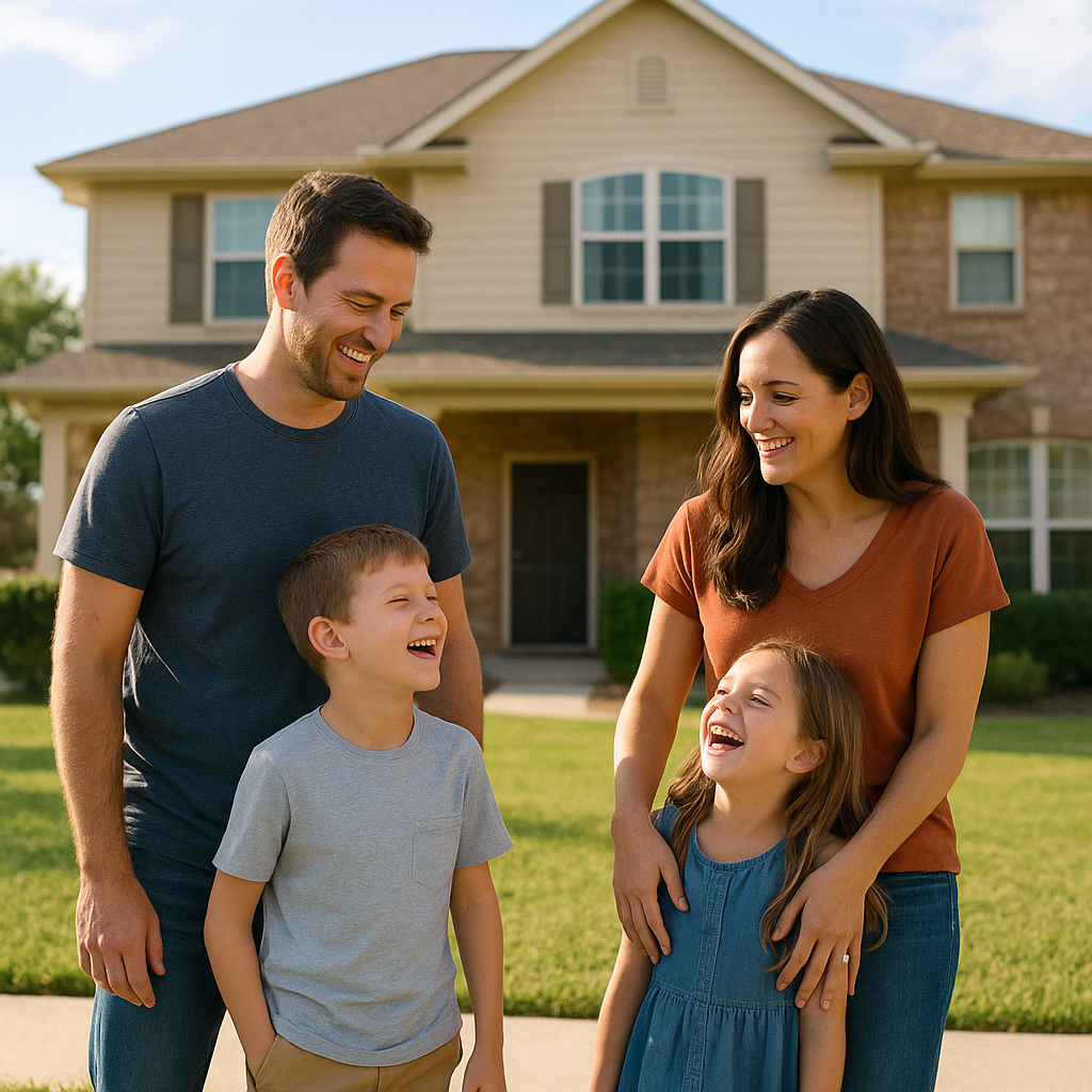 Family outside a two-story Plano Texas home