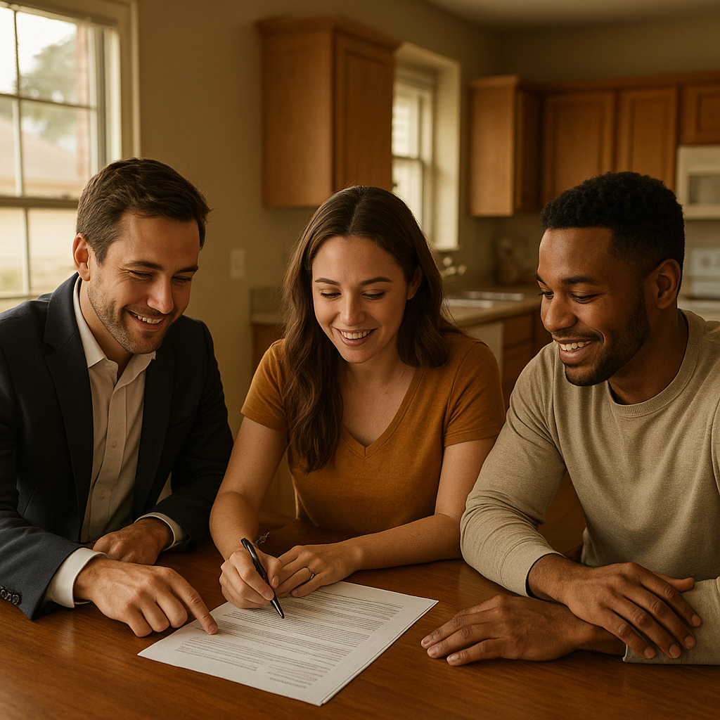 Couple reviewing FHA mortgage paperwork with a realtor in Prosper Texas