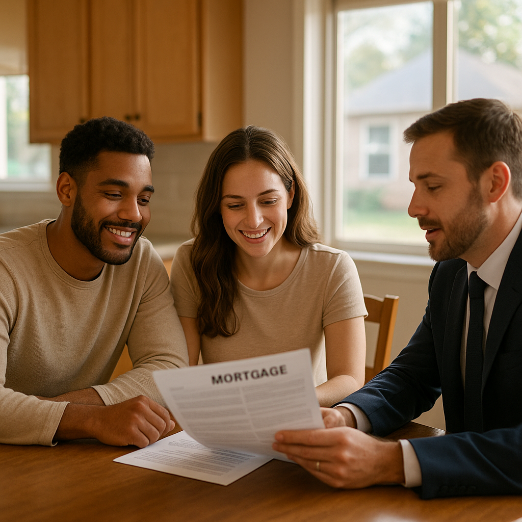 Couple reviewing FHA mortgage paperwork with a realtor in a Richardson Texas home