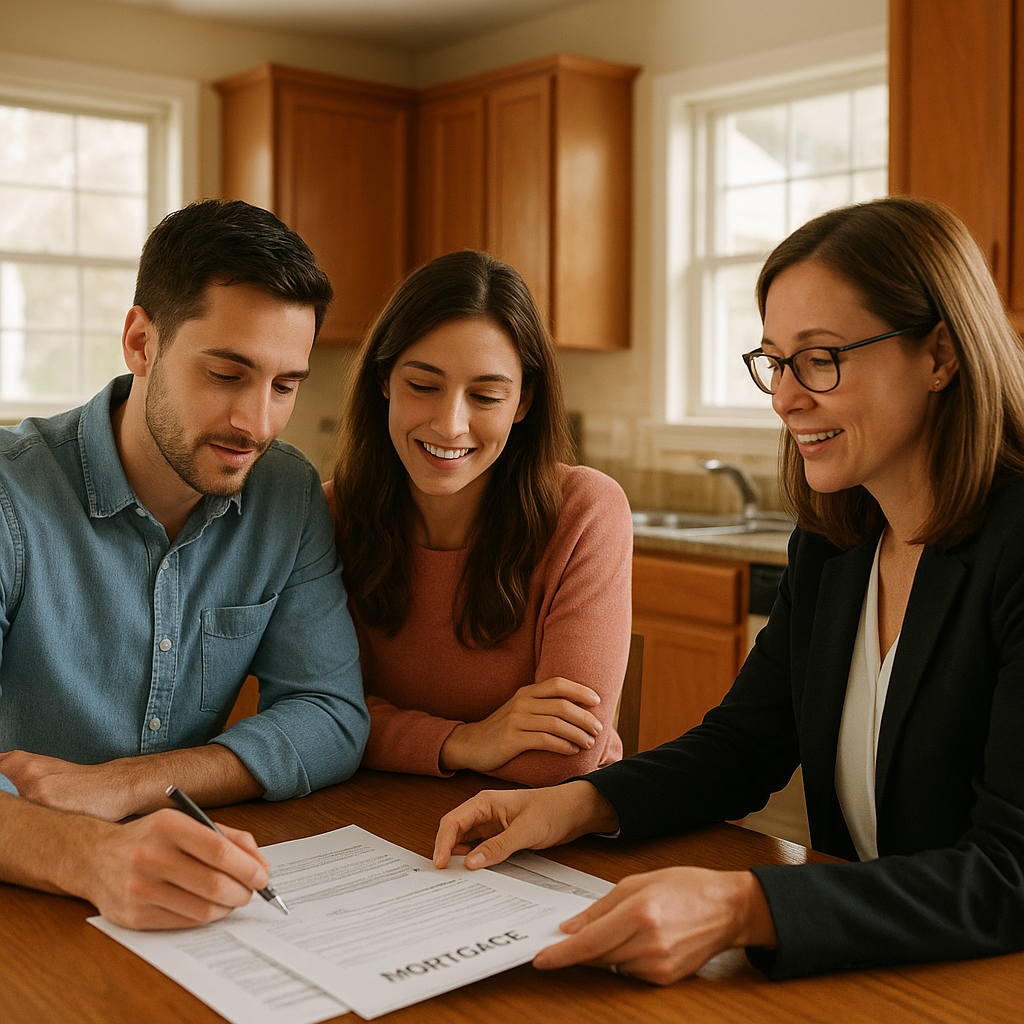 Couple reviewing FHA mortgage paperwork with a realtor near Lake Ray Hubbard in Rockwall Texas