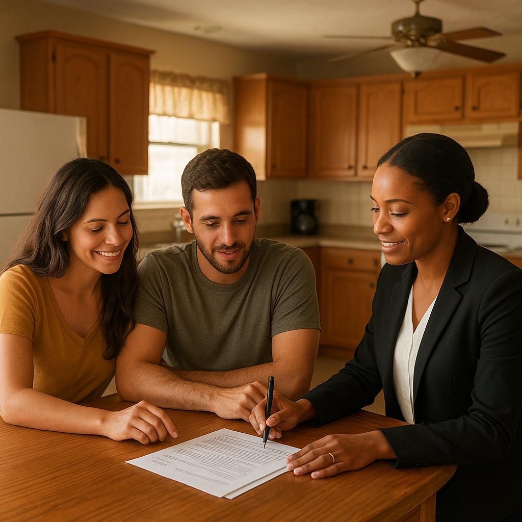 Couple reviewing FHA mortgage paperwork with a realtor in Royse City Texas