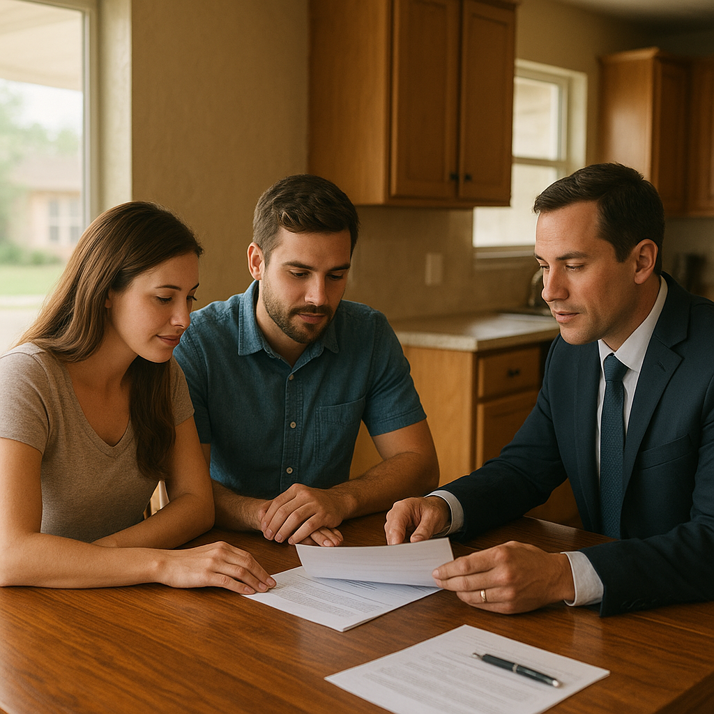 Couple reviewing FHA mortgage paperwork with a realtor in Southlake Texas