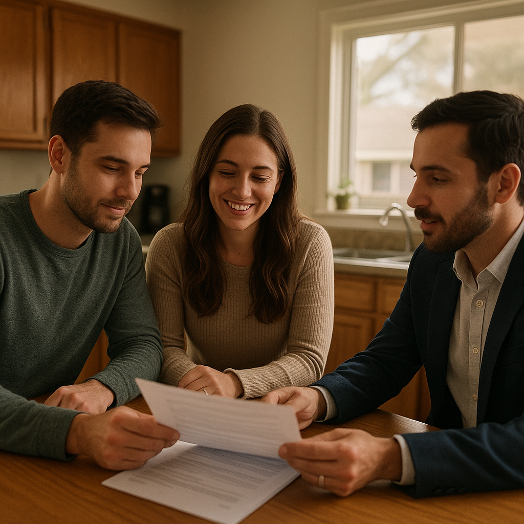 Couple reviewing FHA mortgage paperwork with a realtor in Terrell Texas