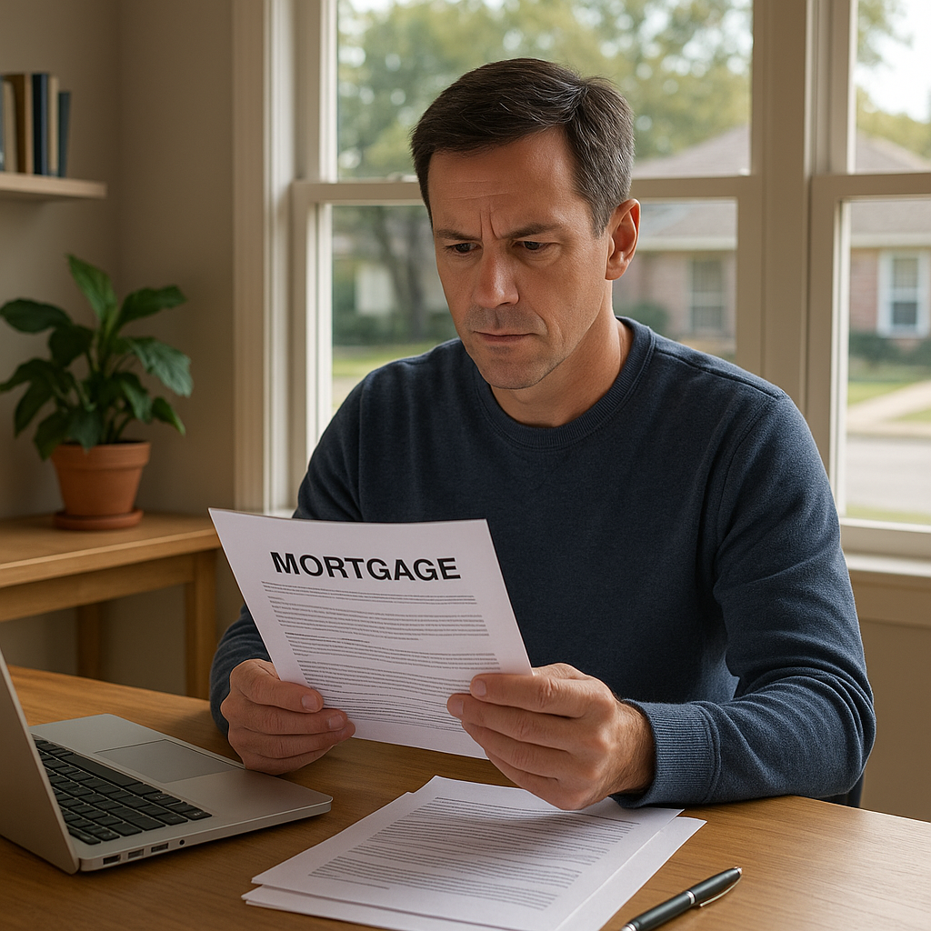 Homeowner reviewing mortgage paperwork at home office desk — FHA hardship options Texas 2026