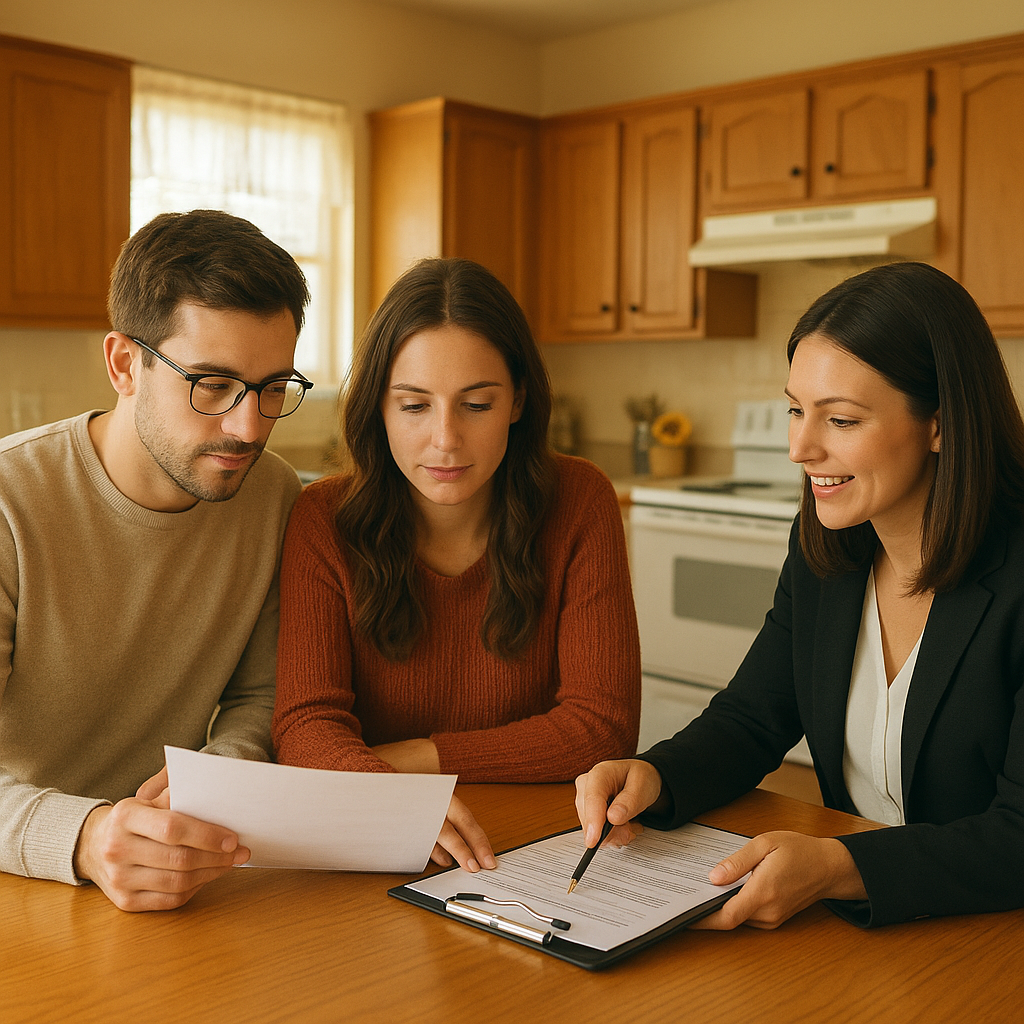 Couple reviewing FHA mortgage documents with realtor — FHA minimum property requirements 2026 Texas