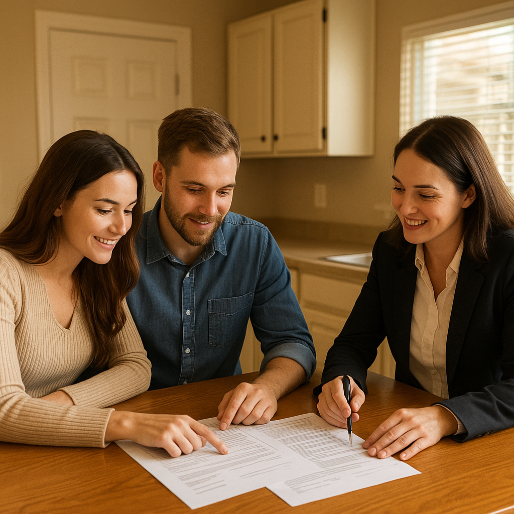 Young couple reviewing mortgage documents with a realtor in Texas home