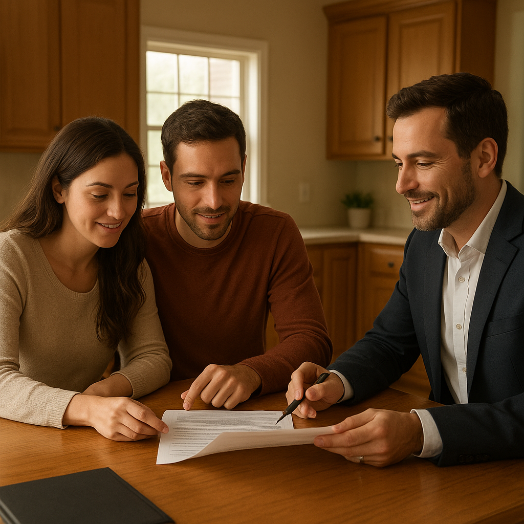 Young couple reviewing FHA mortgage documents at a kitchen table with their loan officer