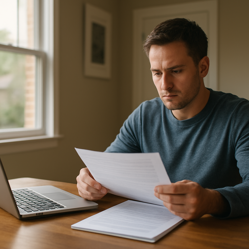 Texas homeowner reviewing FHA streamline refinance paperwork at home office desk