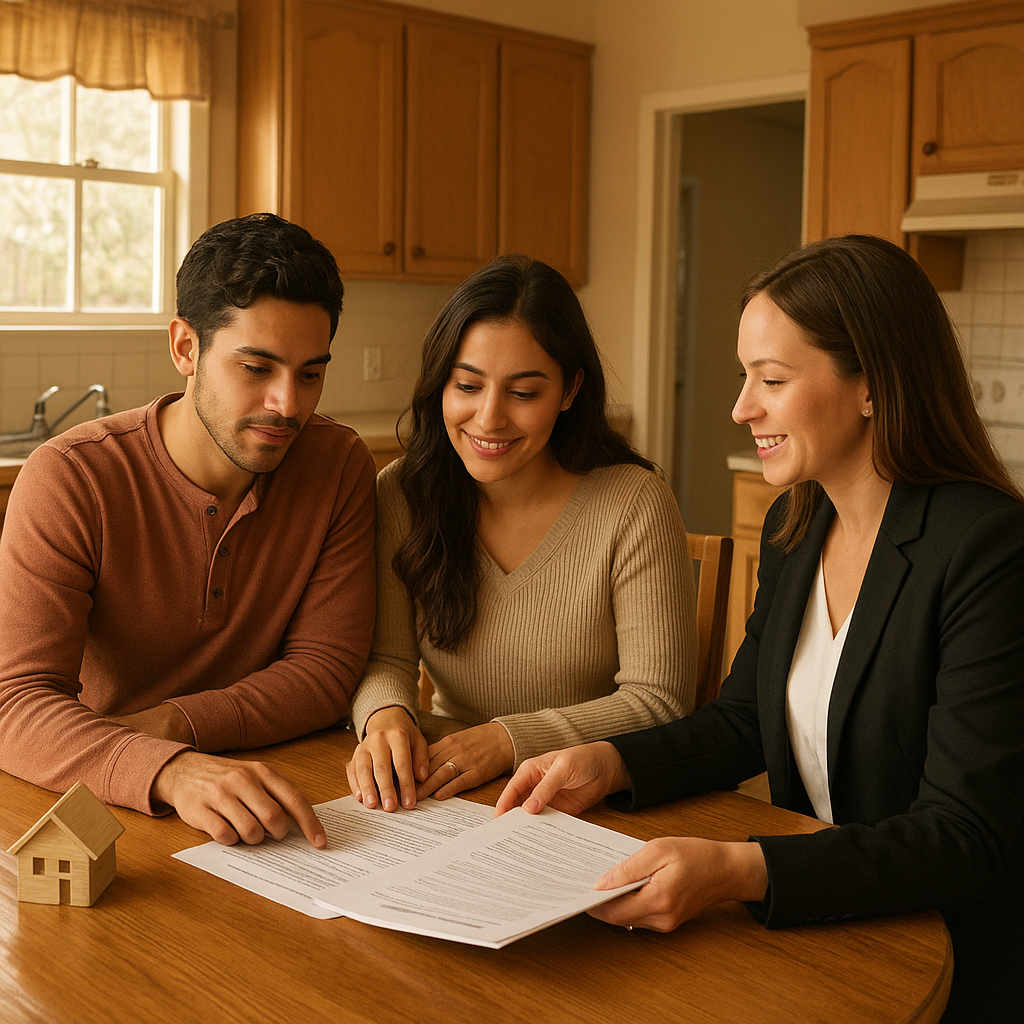 First-time homebuyer couple reviewing FHA loan documents with mortgage officer