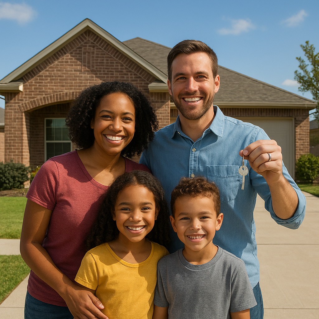 Happy family holding keys to new Texas home funded with FHLB Dallas HELP grant down payment assistance