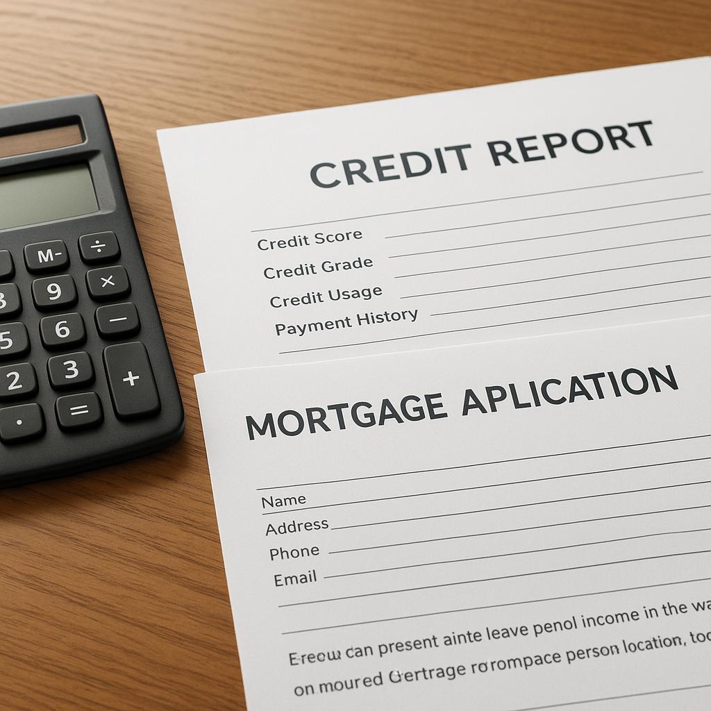 Credit report and mortgage application with calculator on a desk