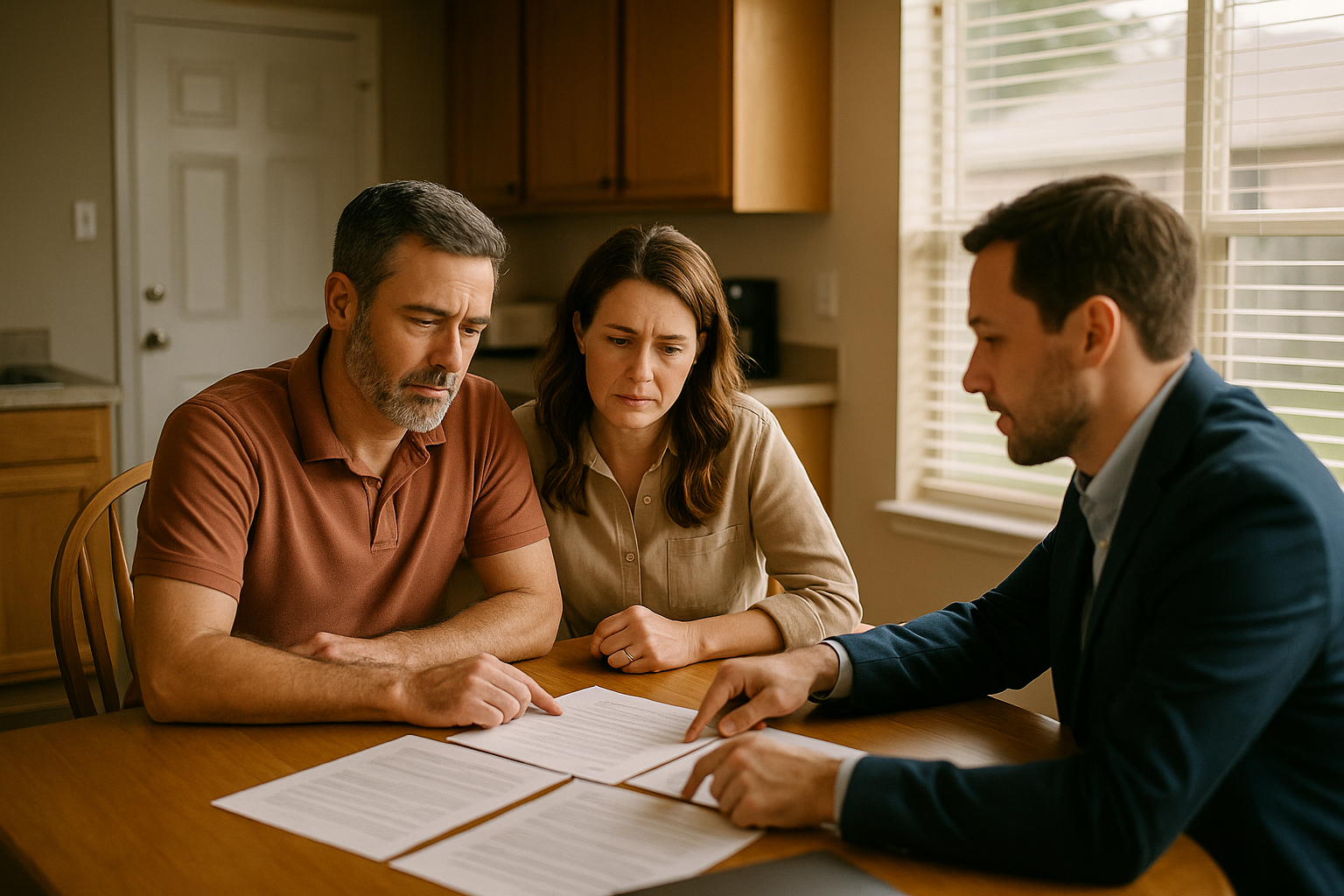 Couple in their 40s reviewing mortgage documents at a kitchen table with a realtor