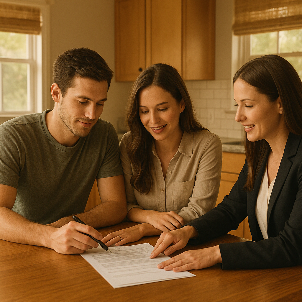 First-time homebuyers reviewing mortgage documents in Flower Mound TX