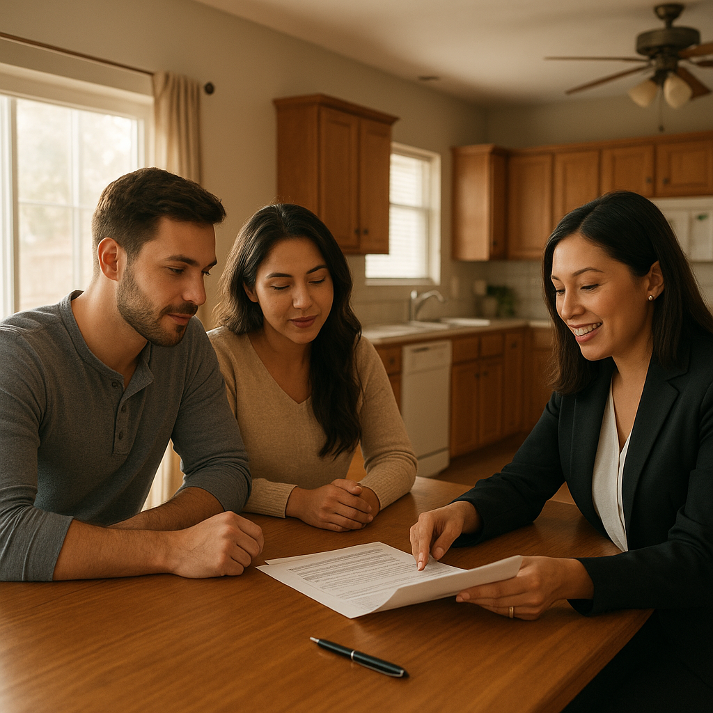 Young couple reviewing mortgage documents with a realtor in Forney TX