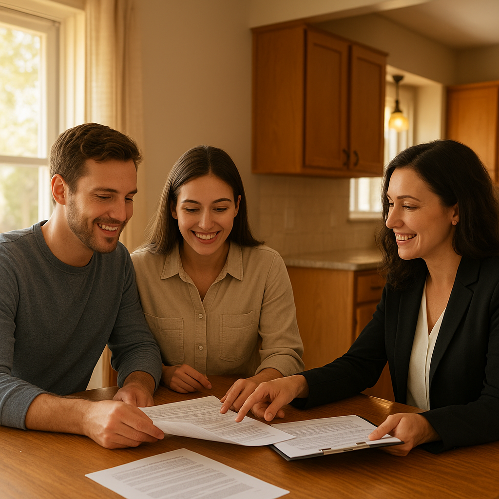First-time homebuyers reviewing mortgage documents in Frisco TX