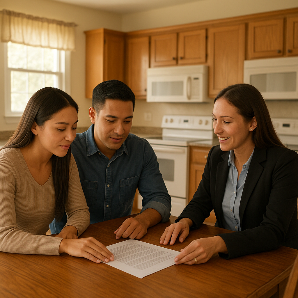 Young couple reviewing mortgage documents with a realtor in Grapevine TX