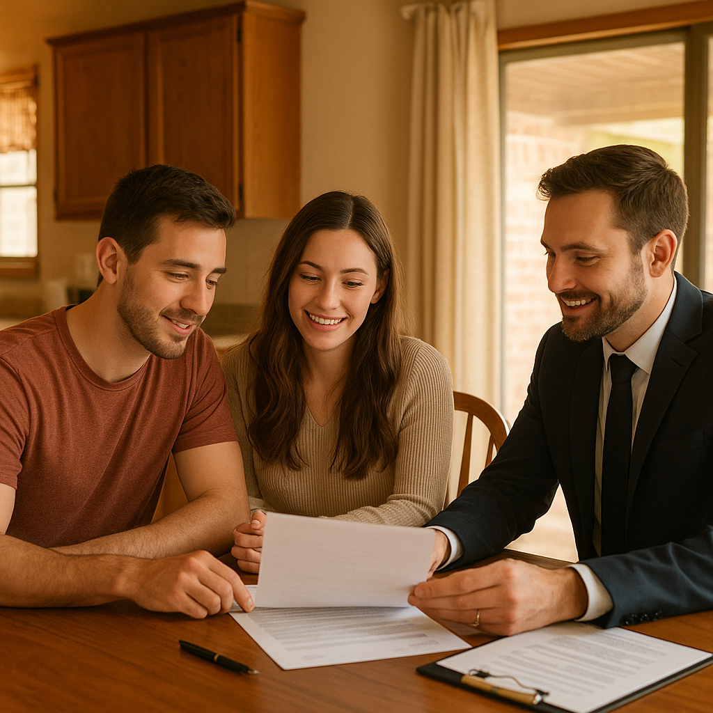 First-time homebuyers reviewing mortgage documents in Irving TX