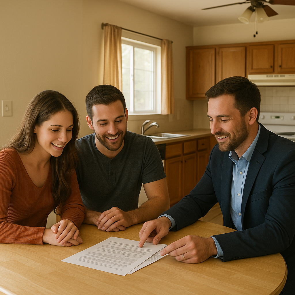 First-time homebuyers reviewing mortgage documents in Lewisville TX