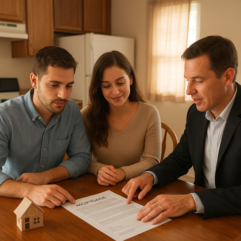 Young couple reviewing mortgage documents with a realtor in Mansfield TX