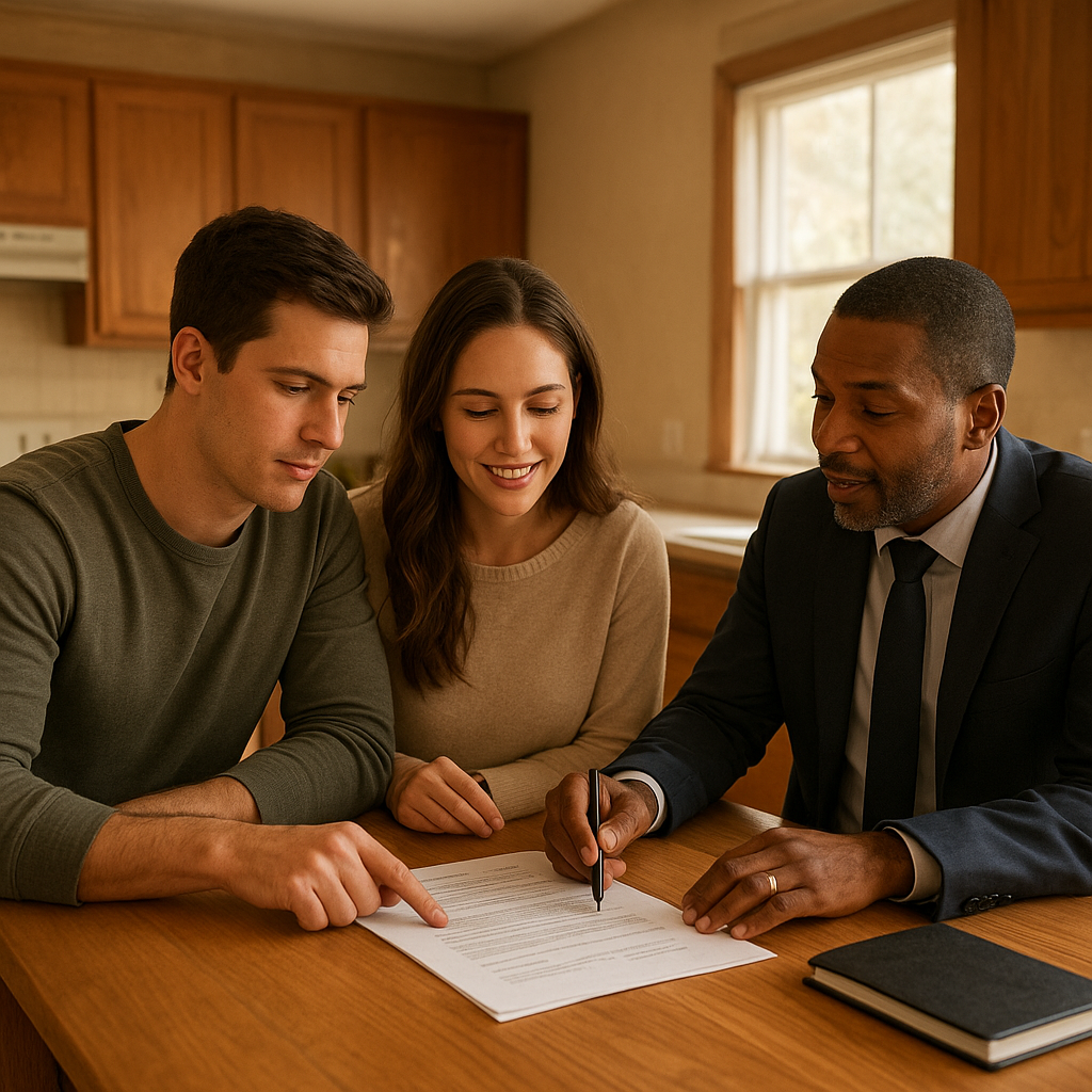 Young couple reviewing mortgage documents with loan officer in McKinney TX home