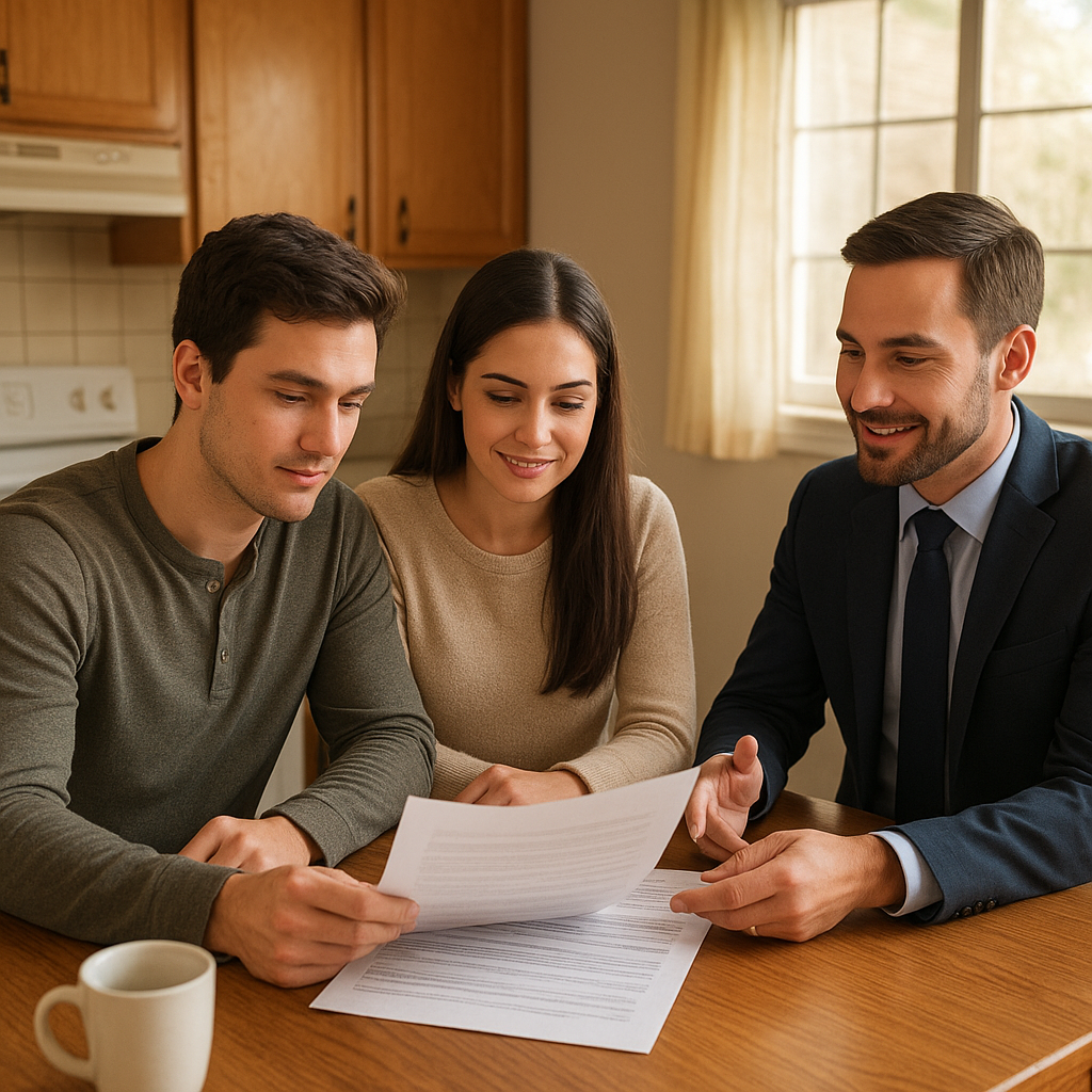 First-time homebuyers reviewing mortgage documents with a loan officer in Plano TX
