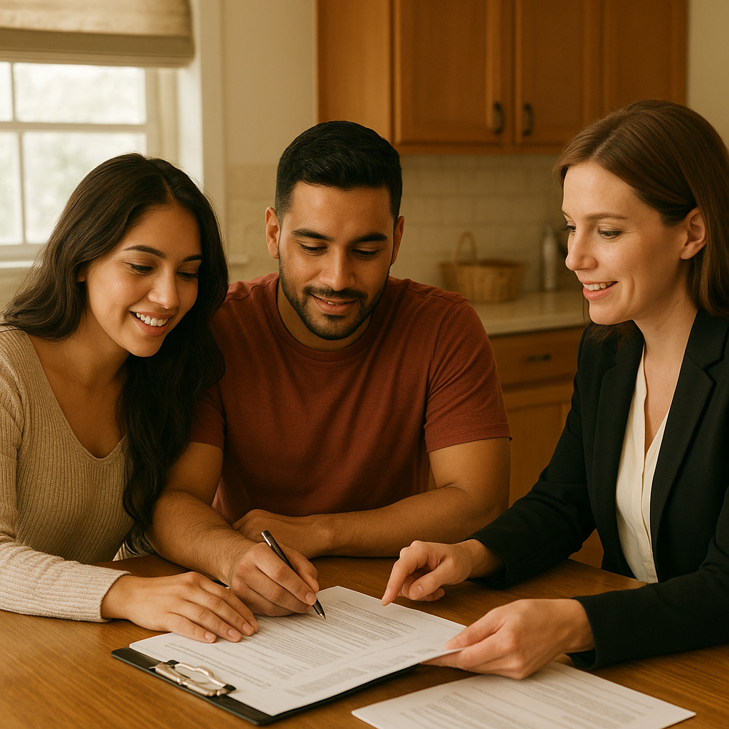 First-time homebuyers reviewing mortgage documents in Richardson TX