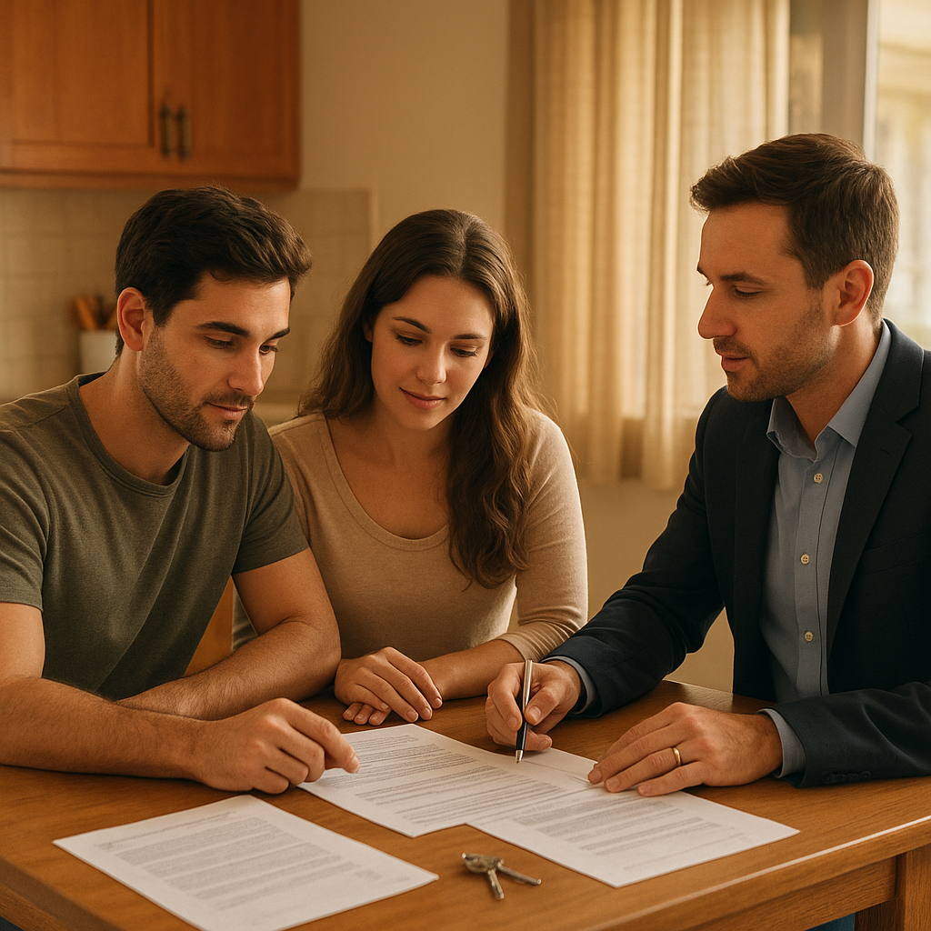 Young couple reviewing mortgage documents with a realtor in Royse City TX