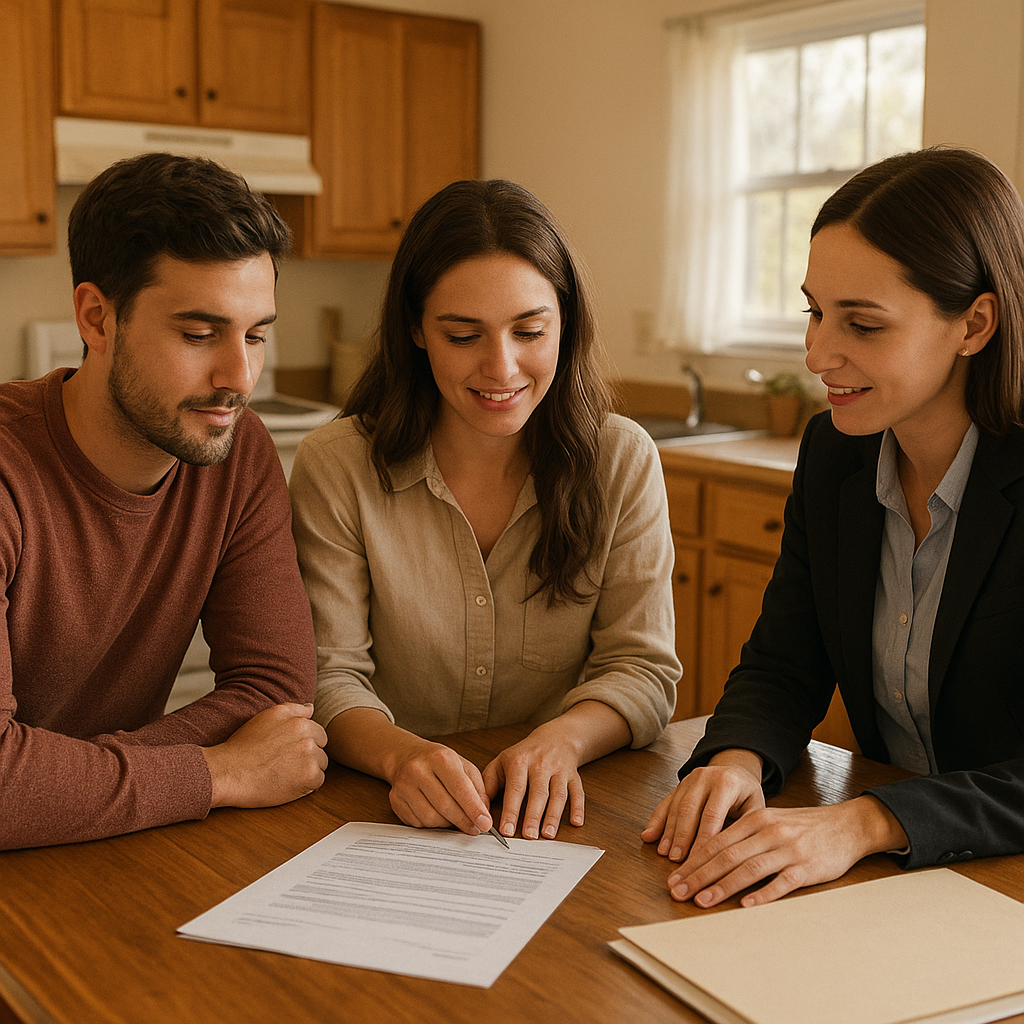 Young couple reviewing mortgage documents with a realtor in Southlake TX