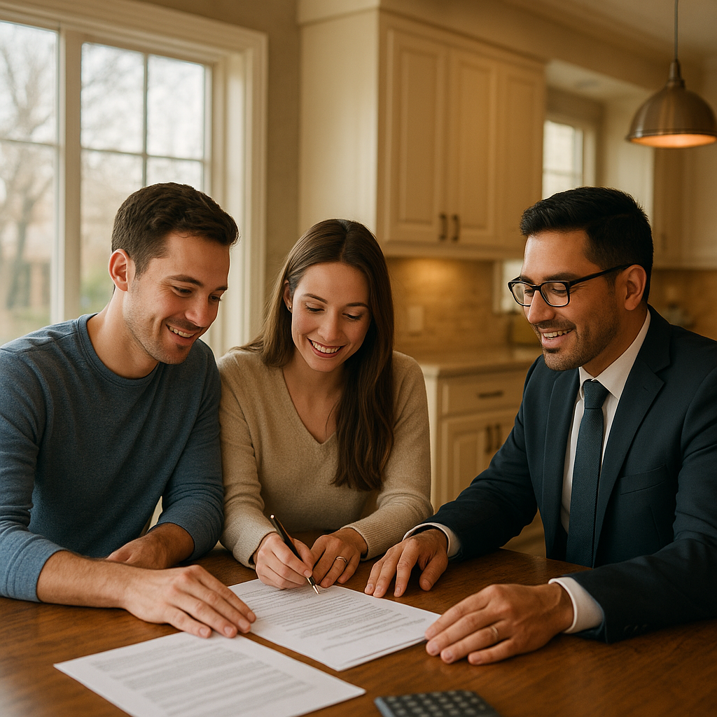 Dallas TX first-time homebuyers reviewing mortgage documents with loan officer at kitchen table 2026