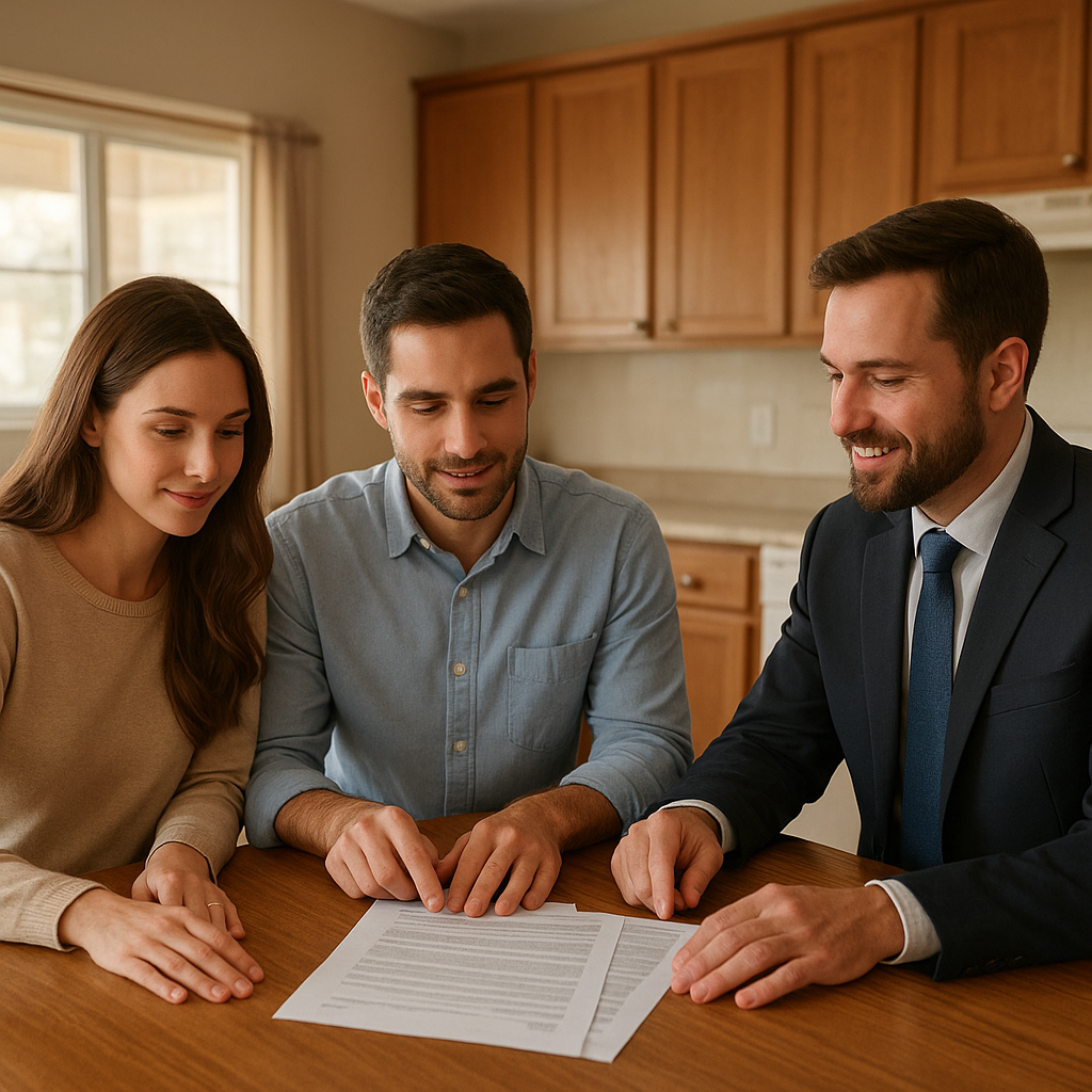 First-time homebuyers reviewing mortgage documents at kitchen table in Garland TX