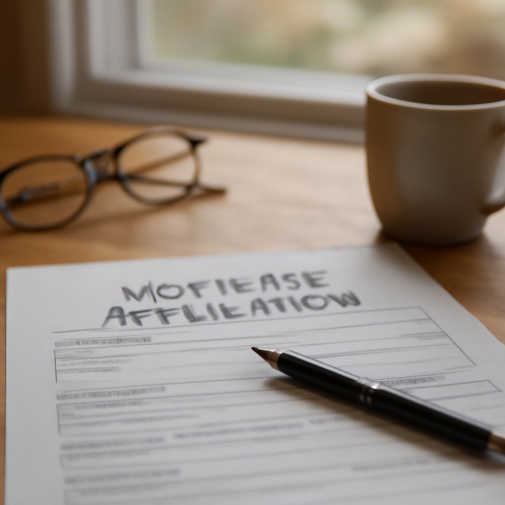 Close-up of a mortgage application form with a pen, reading glasses, and coffee on a wooden desk
