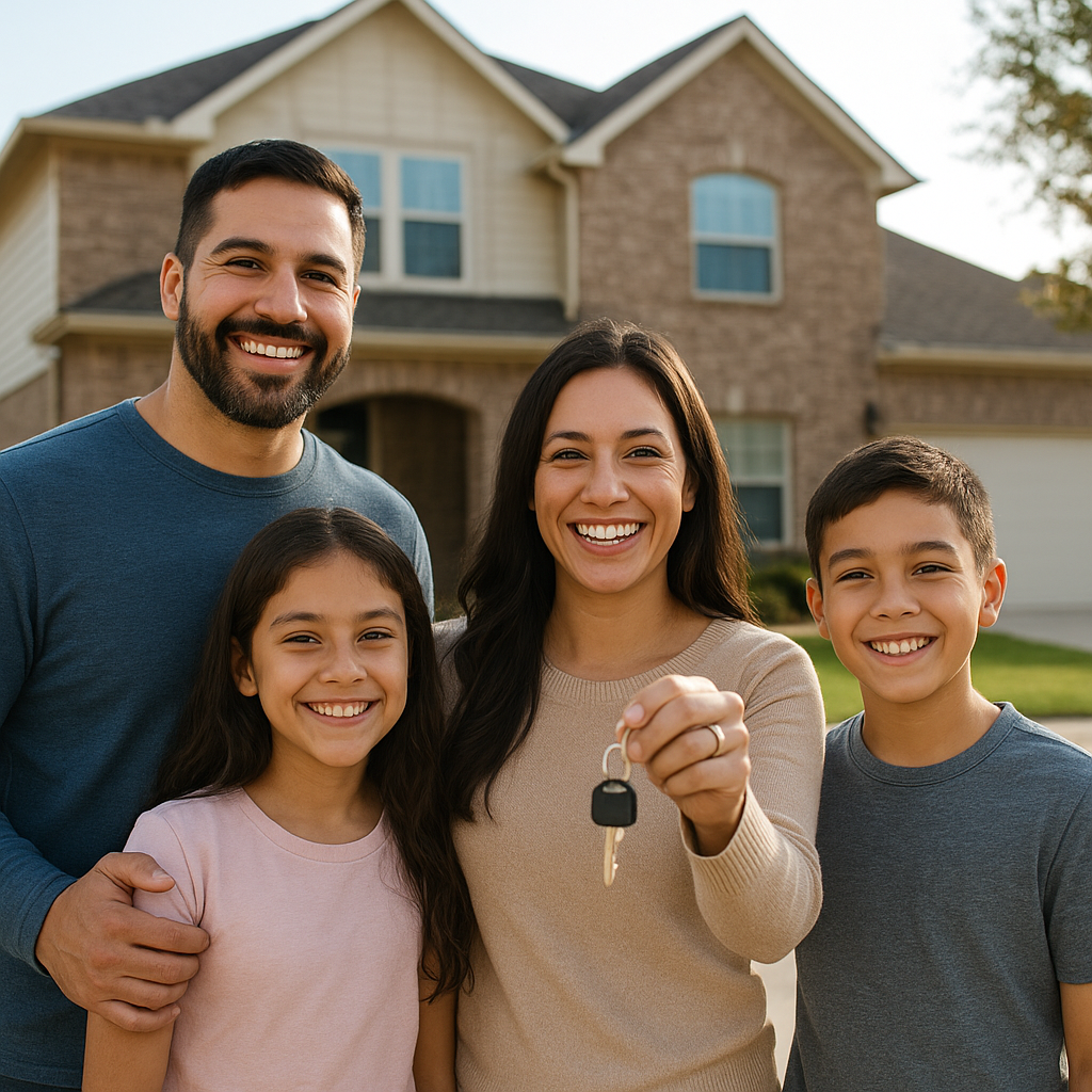 Happy family holding house keys in front of new Fort Worth Texas home with down payment assistance