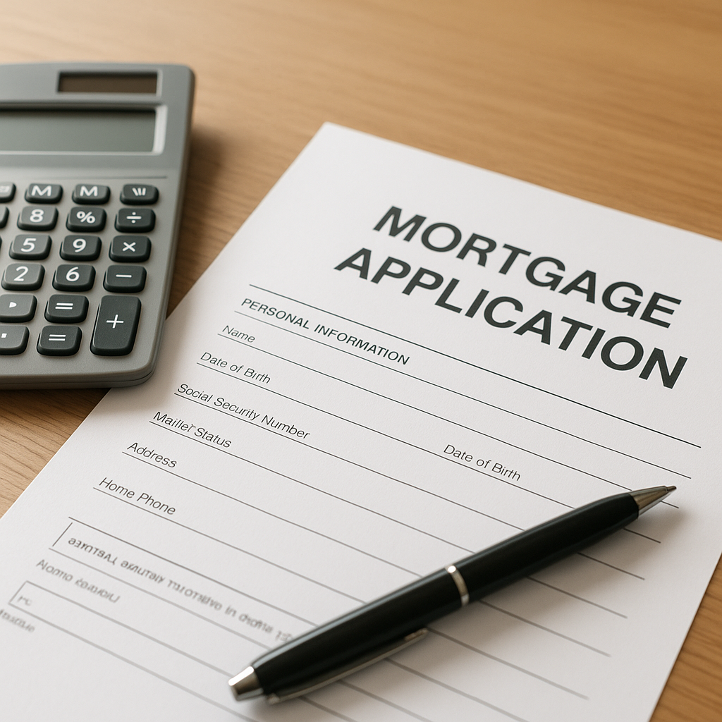Mortgage application form with calculator on desk representing Garland Texas property tax calculations