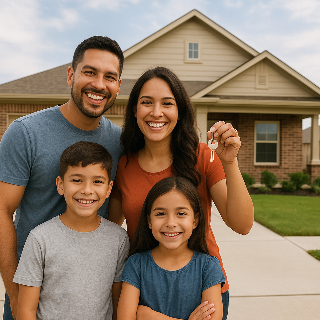 Happy family holding house keys in front of a new suburban Texas home