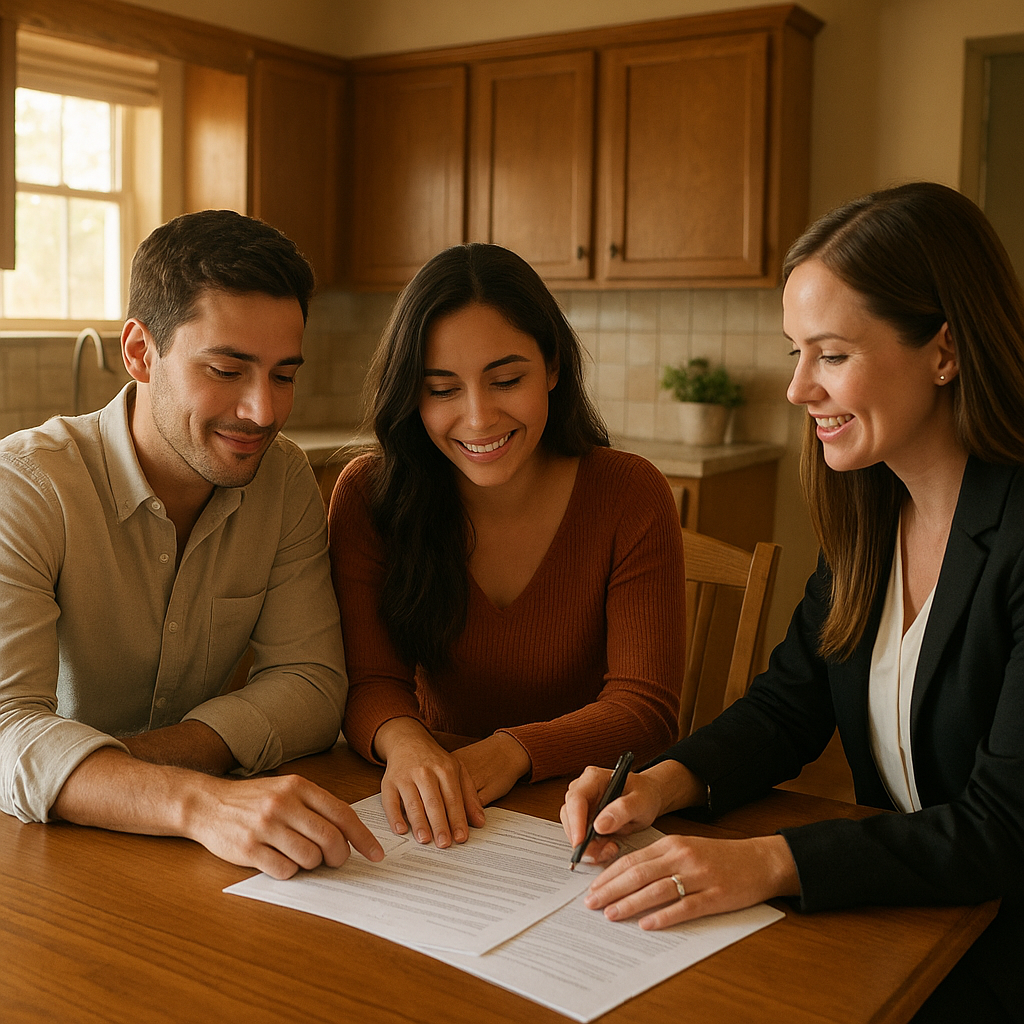 Teacher couple reviewing mortgage documents for Good Neighbor Next Door program